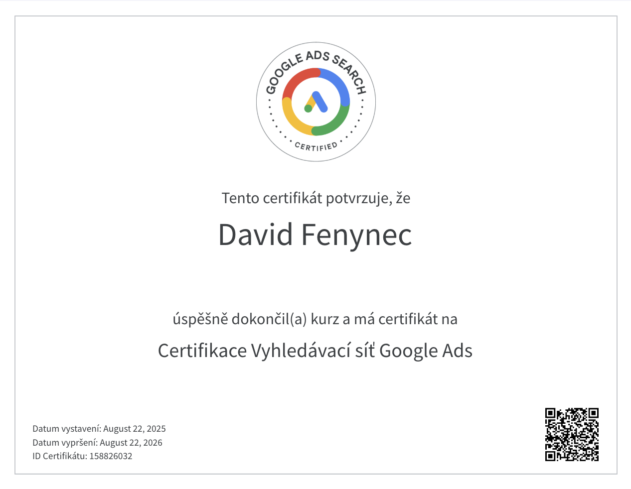 Certifikát Google Ads vystavený na jméno David Fenynec